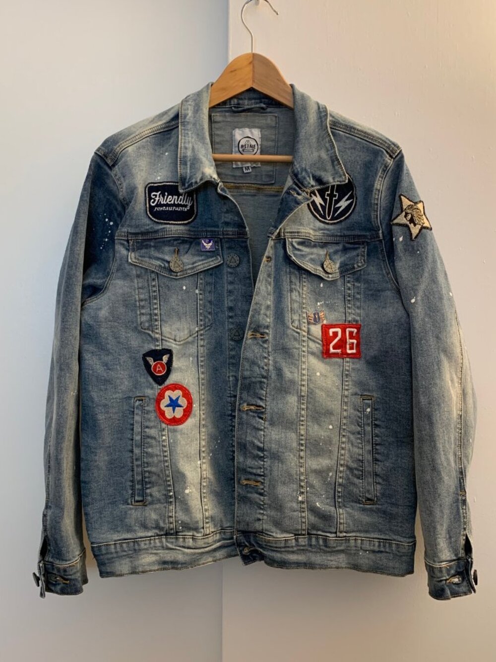 Unique, artistic embellished RS1NE denim jacket